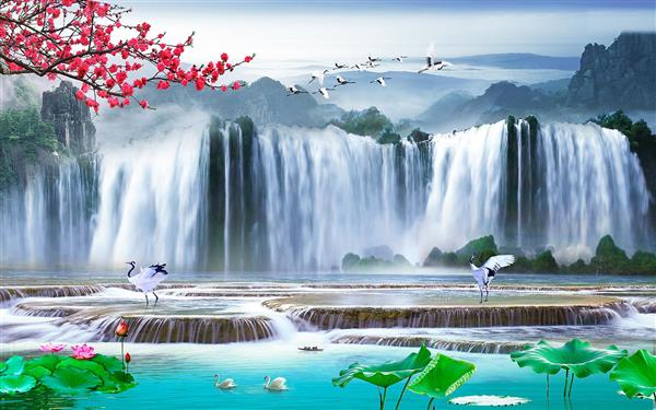 طرح منظره آبشار و کوهستان و گل های نیلوفر بر روی رودخانه