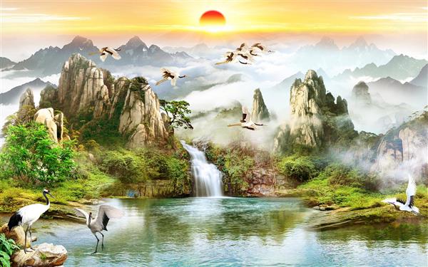 طرح نقاشی منظره غروب آفتاب با کوهستان و آبشار و لک لک در کنار آب