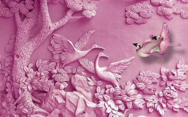 طرح حکاکی سه بعدی شکوفه و درخت و پرنده 