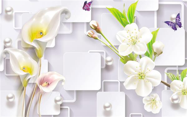 گل و شکوفه های سفید با مرواریدهای سفید و طلایی طرح سه بعدی