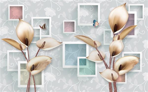 طرح سه بعدی گل های کرم و قهوه ای با قاب های مربعی سفید