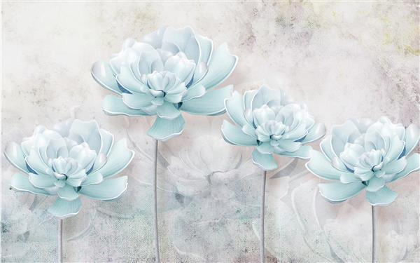 طرح گل های سه بعدی آبی و فیروزه ای در بافت رنگ روشن