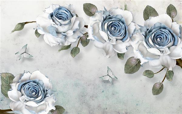 طرح سه بعدی نقاشی رنگ و روغن رزهای سفید و آبی
