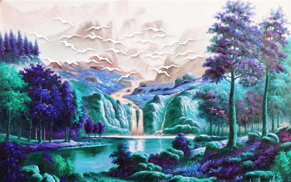 نقاشی رنگ و روغن جنگل و آبشار و کوهستان