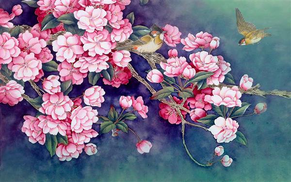 طرح نقاشی آبرنگی شکوفه های صورتی و پرندگان زیبا در زمینه فیروزه ای