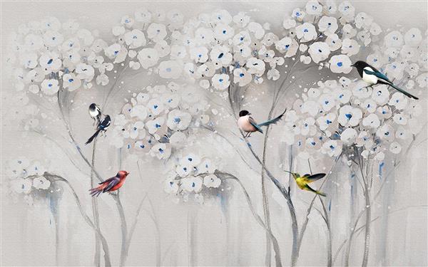 نقاشی شاخه و شکوفه و پرنده طرح سه بعدی
