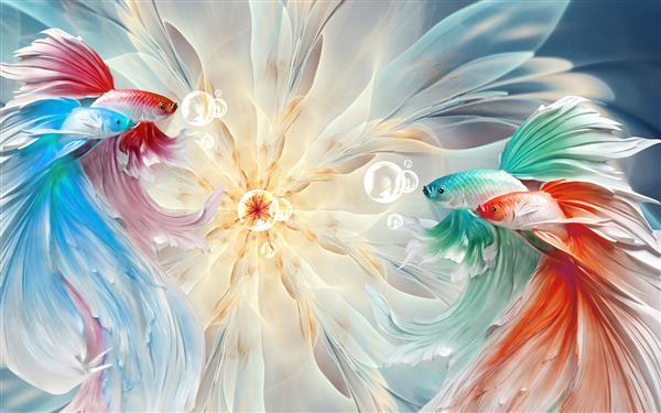 طرح سه بعدی ماهی های رنگارنگ در میان آب و حباب