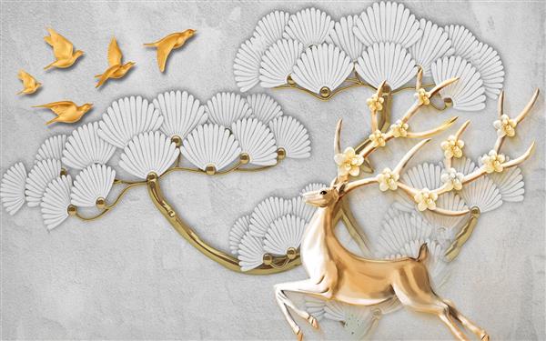 گوزن طلایی با شاخ های شکوفه ای طرح سه بعدی