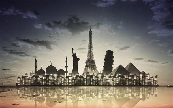 منظره برج کج پیزا و ایفل و اهرام مصر و مجسمه آزادی طرح سه بعدی