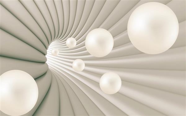 توپ های سفید شناور در فضا داخل تونل طرح سه بعدی