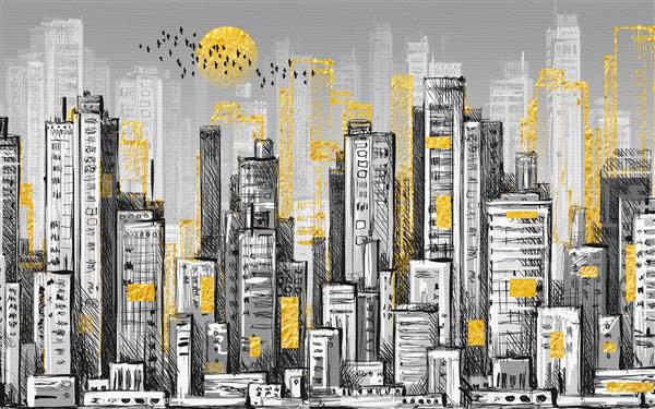 طرح سه بعدی منظره شهری با برج های بلند و خورشید