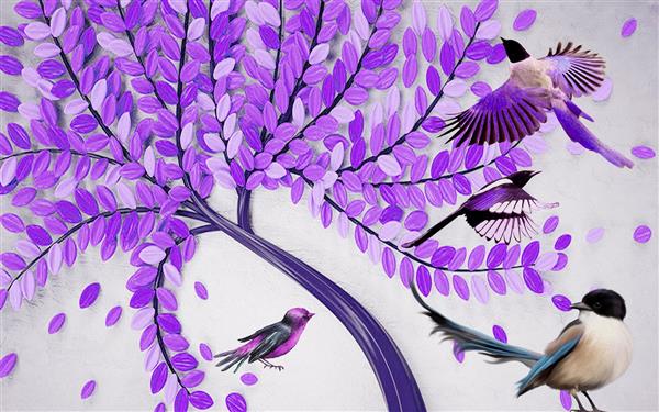 طرح حکاکی سه بعدی شاخه و برگ بنفش با پرندگان کوچک