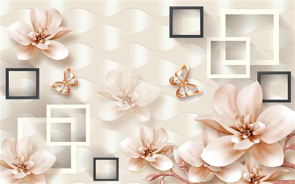 طرح سه بعدی گل و پروانه های رزگلد با قاب های سفید و سیاه