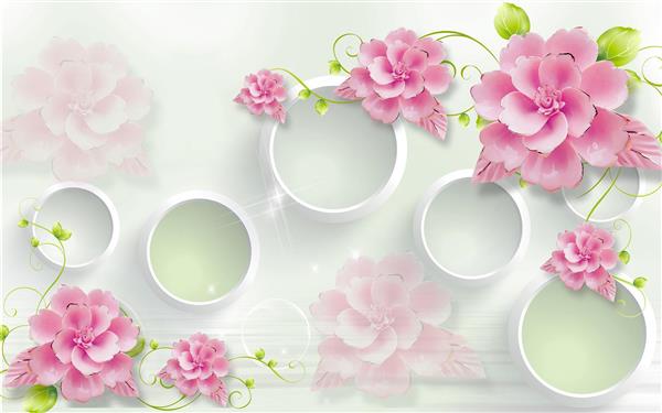 طرح سه بعدی گل های صورتی و دایره های سفید در پس زمینه سفید
