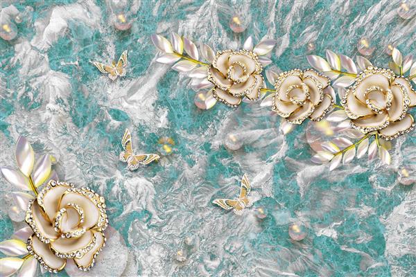 طرح سه بعدی گل های جواهرنشان طلایی در زمینه مرمر فیروزه ای
