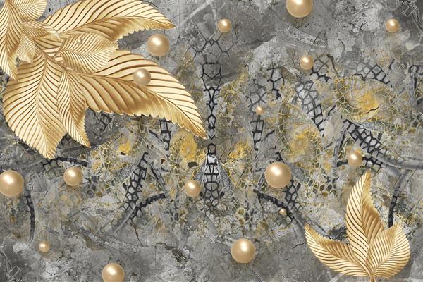 طرح پوستر سه بعدی برگ و مروارید طلایی در زمینه مرمر نقره ای با رگه های مشکی