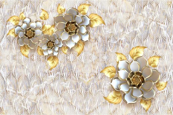گل های سفید با برگ های طلایی در زمینه بافت برجسته طرح سه بعدی