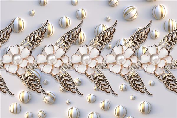 گل های جواهرنشان با توپ های سفید و طلایی طرح سه بعدی