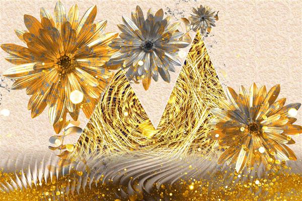 طرح انتزاعی حکاکی گل و کوه طلایی