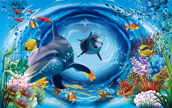 طرح سه بعدی دلفین و ماهی و ستاره دریایی زیر آب