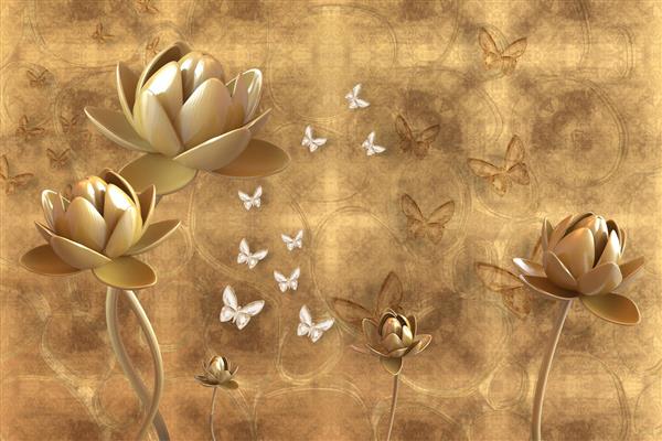 شاخه گل های طلایی لاکچری با پروانه های سفید طرح سه بعدی