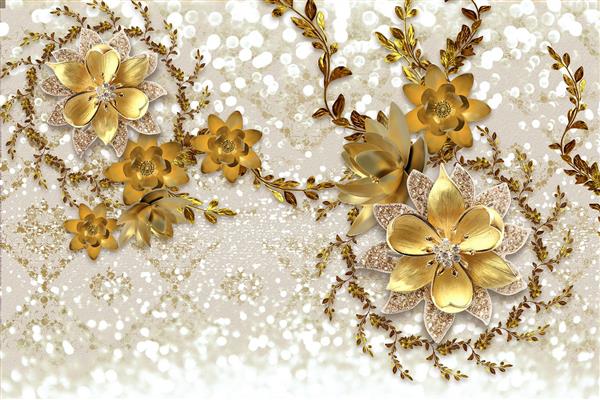 طرح سه بعدی گل های برجسته طلایی جواهرنشان