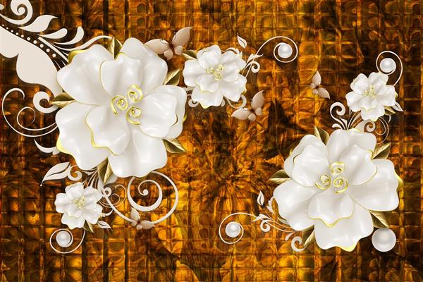 گل های جواهرنشان سفید با شاخه های تزیینی در پس زمینه طلایی و قهوه ای