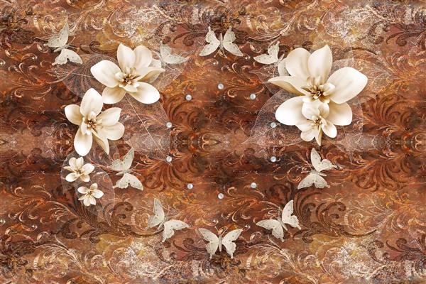 طرح پوستر سه بعدی گل و پروانه در پس زمینه کرم و قهوه ای