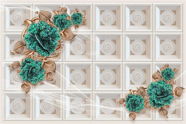 طرح سه بعدی کاشی کاری و گل های سبز جواهرنشان