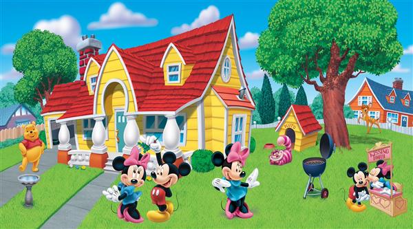 طرح پوستر کارتونی میکی و مینی موس به همراه دوستان در حیاط خانه