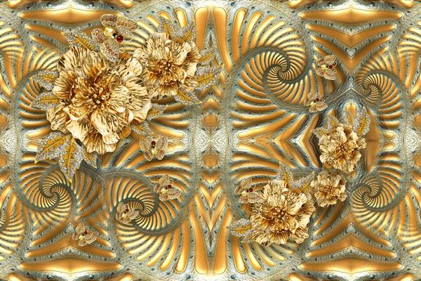 طرح سه بعدی فراکتال گل طلایی و پروانه و جواهر