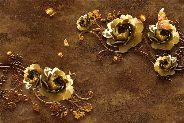 طرح گل های برجسته طلایی و قهوه ای با شاخه های تزیینی