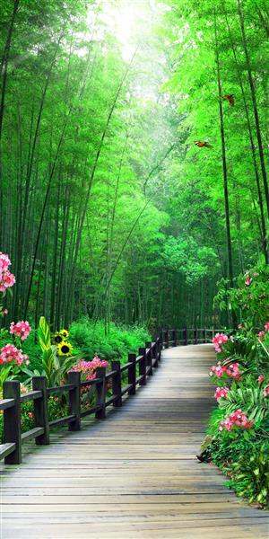 پارک جنگلی با درختان انبوه و گل های زیبا طرح پوستر سه بعدی
