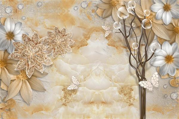 حباب و گل و پروانه در پس زمینه مرمر طرح سه بعدی