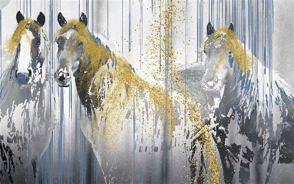 طرح نقاشی انتزاعی اسب های زیبا با یال های طلایی 