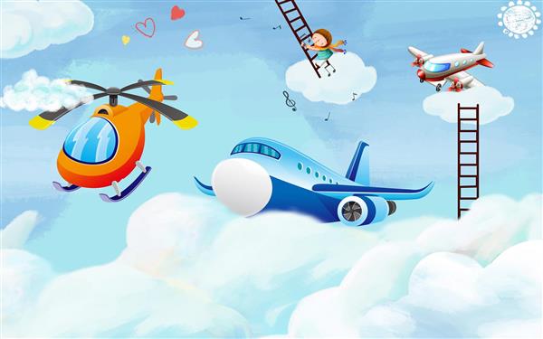 طرح کارتونی کودک بر روی ابرها در میان پرواز هواپیما و هلی کوپتر