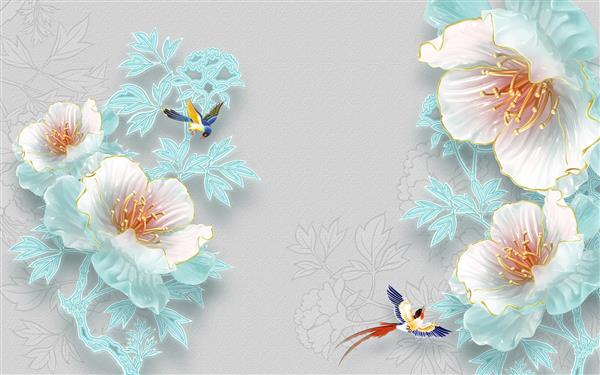 طرح سه بعدی پرنده و گل با شاخه های تزیینی در بافت رنگ روشن