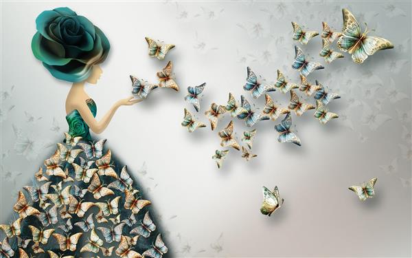 دختر با گل و پروانه طرح پوستر سه بعدی