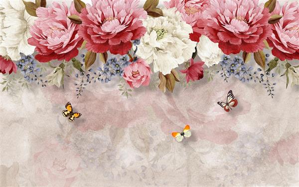 طرح پوستر سه بعدی پروانه و گل های رنگی
