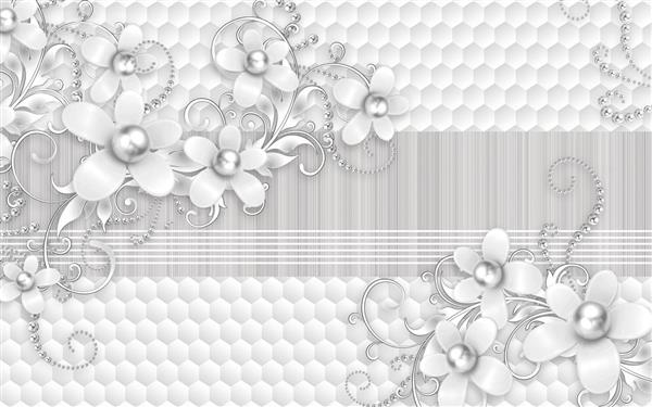 طرح پوستر سه بعدی شاخه های تزیینی گل و مروارید با اشکال هندسی