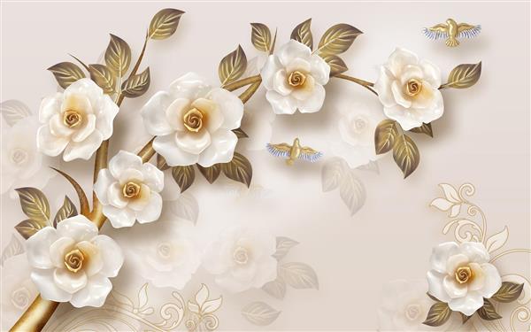 طرح پوستر سه بعدی شاخه گل سفید و طلایی