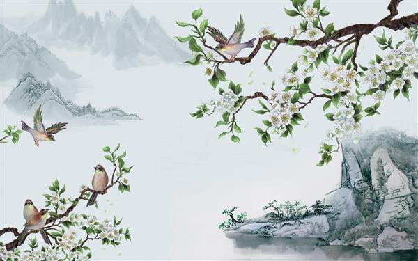 طرح پوستر شاخه و شکوفه و پرنده در کنار صخره و کوه