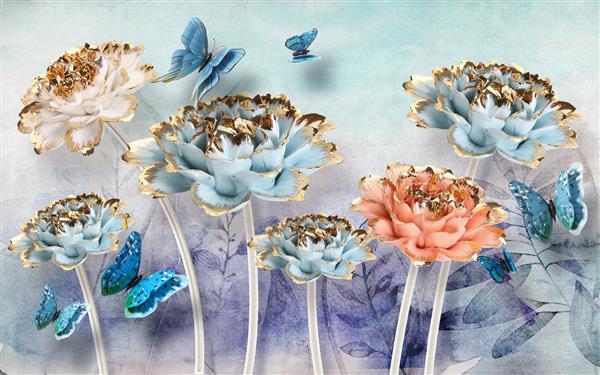 شاخه های گل آبرنگی و پروانه طرح پوستر سه بعدی