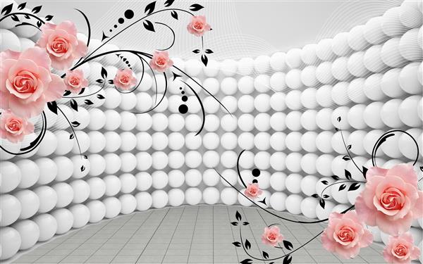 شاخه های تزیینی گل های رز صورتی و حباب های سفید طرح سه بعدی