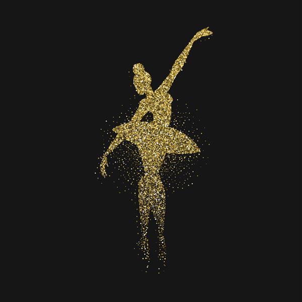 شبح رقصنده باله کلاسیک ساخته شده از اسپل طلایی زن بالرین در حال رقصیدن در پس زمینه سیاه