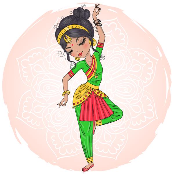 دختر زیبا با دست کشیده شده در حال رقص کلاسیک هندی تصویر وکتور