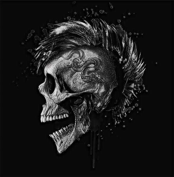 تصویر جمجمه پانک سیاه و سفید گرافیک تی شرت مردانه با تم موسیقی راک