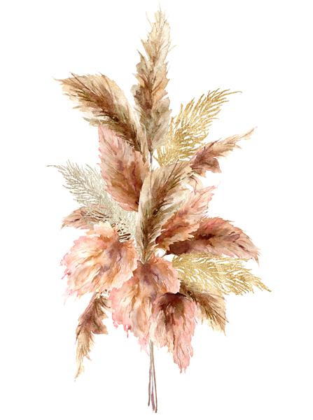 دسته گل استوایی آبرنگ با چمن خشک پامپاس و بافت طلایی