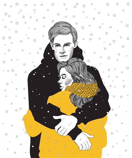 وکتور زوج جوان ناز با ژاکت های روشن در آغوش گرفتن زیر بارش برف جلسه آغوش گرم