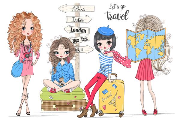 چهار دختر زیبای با چمدان های بزرگ